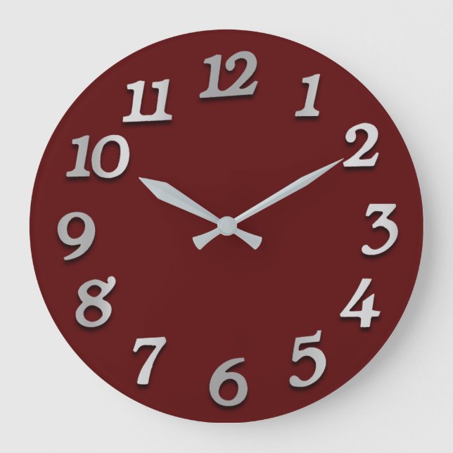 Minimal Numbers Grey Silver Grey Metal 3D Maroon Large Clock (Front)