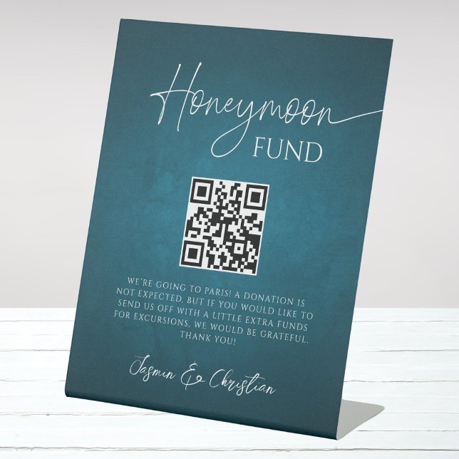 Minimal Ocean Blue Wedding Honeymoon Fund QR Code Pedestal Sign (Creator Uploaded)