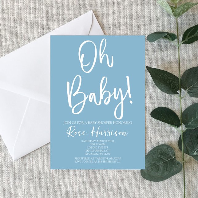 Minimal Oh Baby! Blue Baby Boy Baby Shower  Invitation (Creator Uploaded)