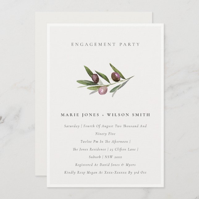 Minimal Olive Branch Foliage Engagement Invite (Front/Back)