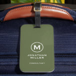 Minimal Olive Classic Typographic Monogram Luggage Tag<br><div class="desc">A professional vertical design in modern style with a olive green and white monogram emblem with large classic block typography initial monogram with name and title below. The text can easily be customised using the fields provided.</div>