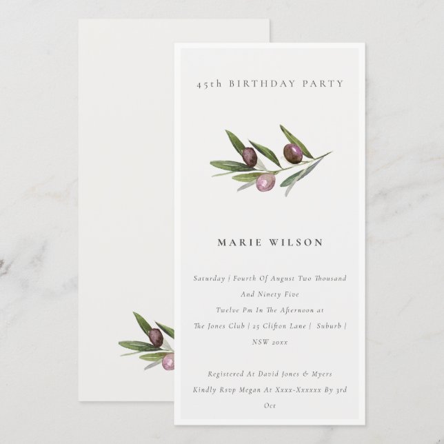 Minimal Olive Foliage Any Age Birthday Invite (Front/Back)