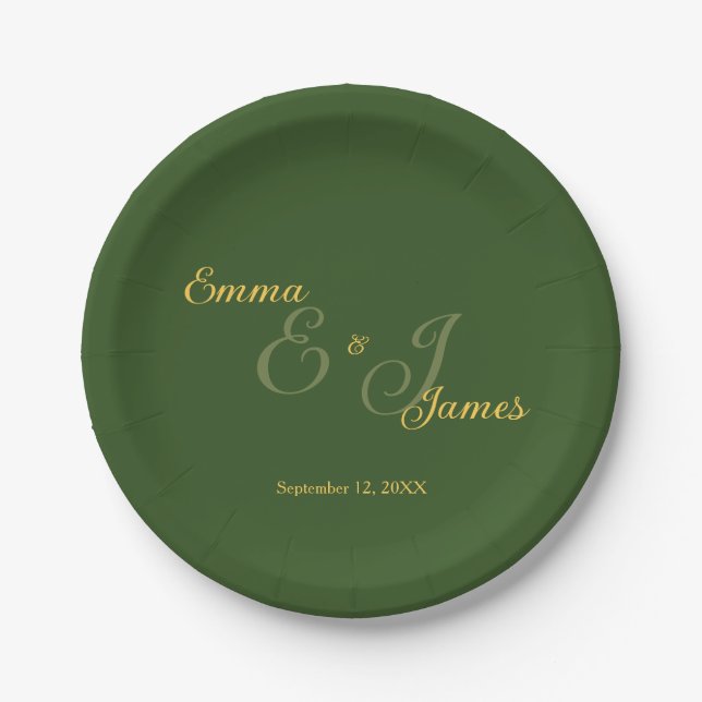 Minimal Olive Green and Gold Wedding  Paper Plate (Front)