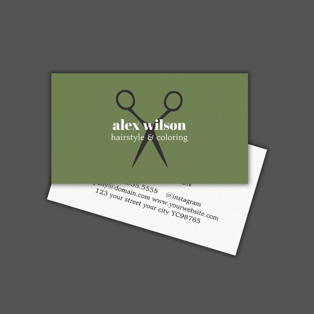 Minimal Olive Green Black Scissors Hair Salon Business Card (Creator Uploaded)