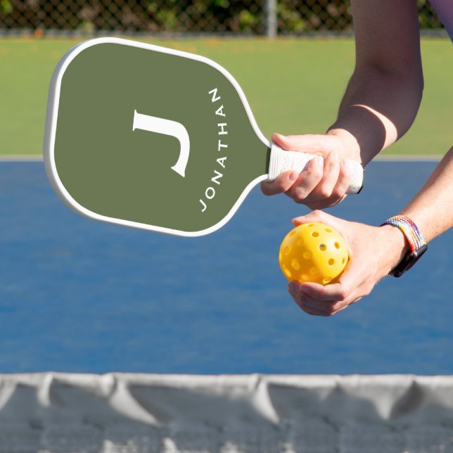 Minimal Olive Green Classic Monogram Pickleball Paddle (Insitu)