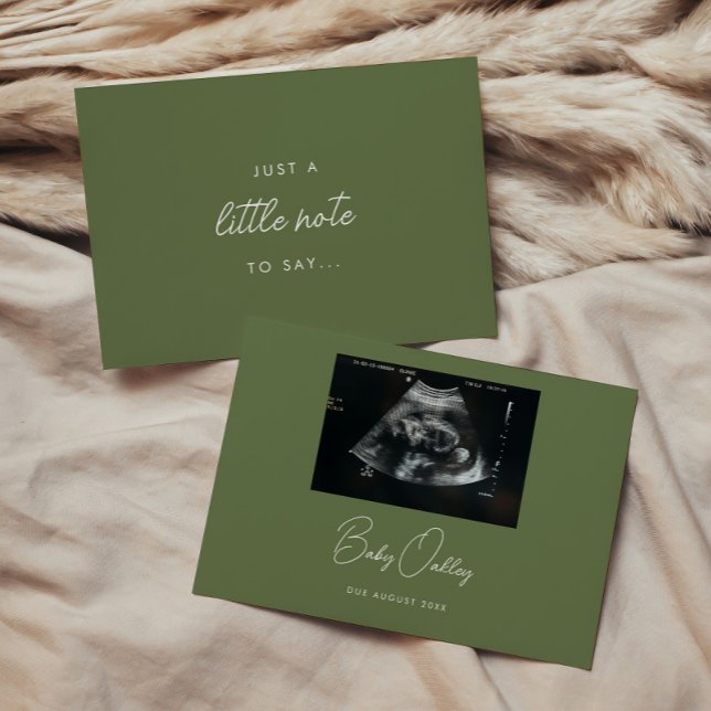 Minimal Olive Green "Just A Little Note" Pregnancy Announcement (Creator Uploaded)