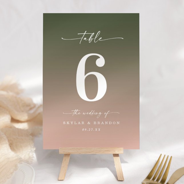 Minimal Ombre Dark Forest Green & Pink Wedding Table Number (Creator Uploaded)