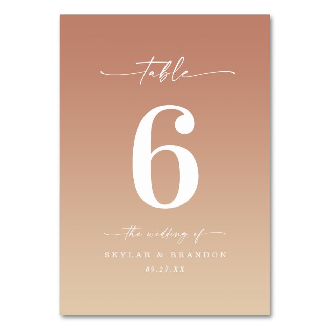 Minimal Ombre Terracotta Orange & Yellow Wedding Table Number (Front)