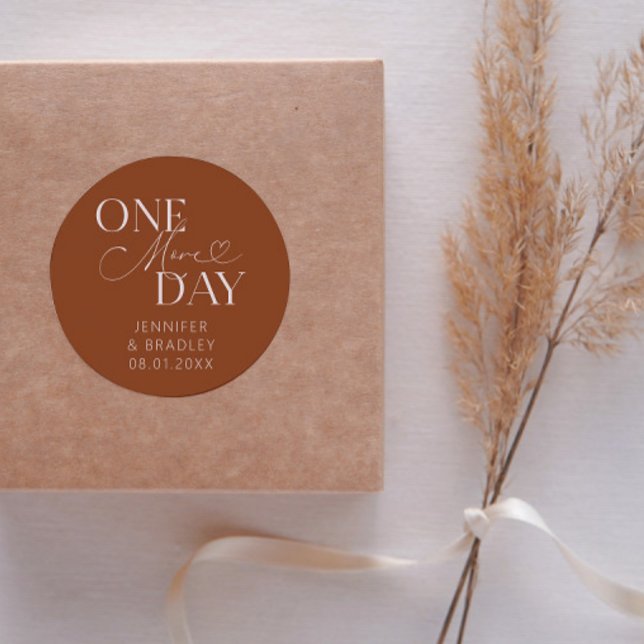 Minimal One More Day Wedding Rehearsal Terracotta Classic Round Sticker (Creator Uploaded)
