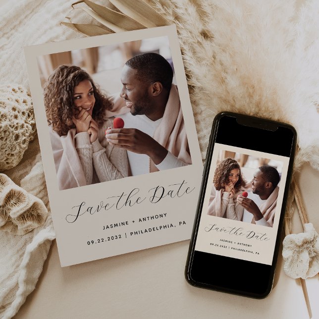 Minimal One Photo Script Beige Save The Date (Creator Uploaded)