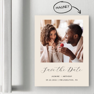 Minimal One Photo Script Beige Save the Date Magnetic Invitation