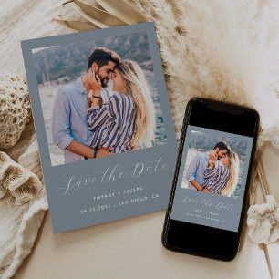 Minimal One Photo Script Dusty Blue Save The Date