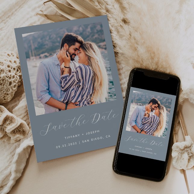 Minimal One Photo Script Dusty Blue Save The Date (Creator Uploaded)