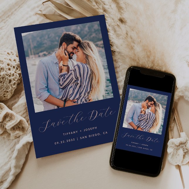 Minimal One Photo Script Navy Blue Blush Save The Date (Creator Uploaded)
