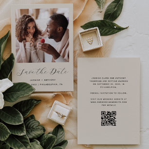 Minimal One Photo Script QR Code Beige Save The Date