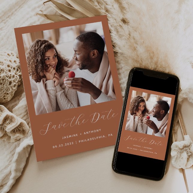 Minimal One Photo Script Terracotta Save The Date (Creator Uploaded)