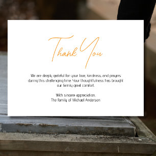 Minimal Orange Black Traditional Sympathy Funeral Thank You Card