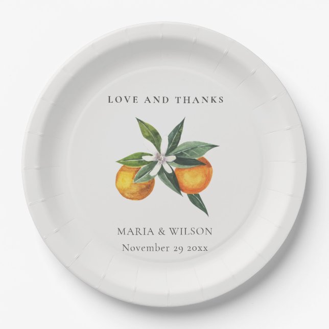 Minimal Orange Botanical Boho Love Thanks Wedding Paper Plate (Front)