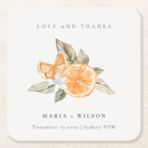 Minimal Orange Botanical Boho Love Thanks Wedding Square Paper Coaster