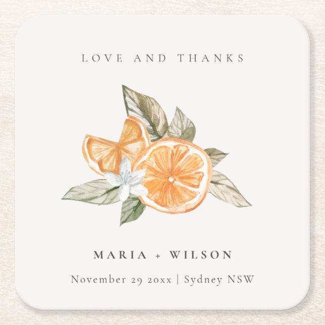 Minimal Orange Botanical Boho Love Thanks Wedding Square Paper Coaster (Front)