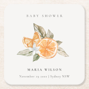 Minimal Orange Botanical Leafy Boho Baby Shower Square Paper Coaster