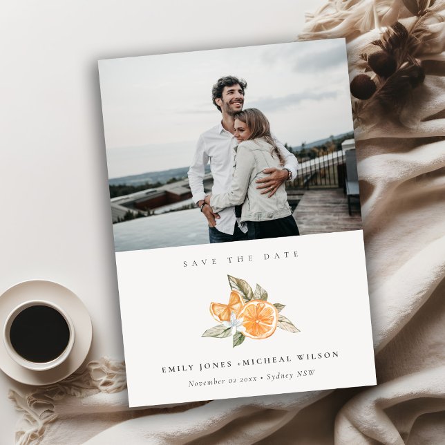 Minimal Orange Botanical Photo Save The Date Card (Creator Uploaded)