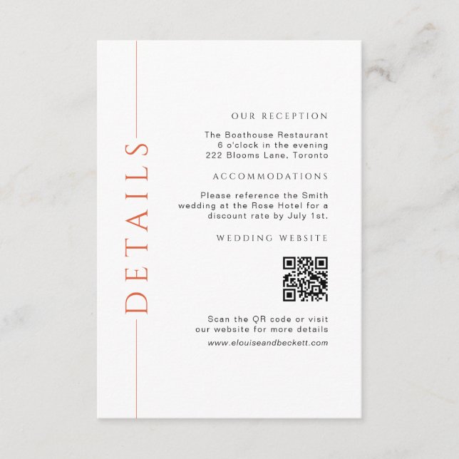 Minimal Orange Wedding Details Insert QR Code (Front)