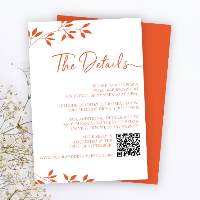 Minimal Orange Wedding RSVP Online QR Code Details Enclosure Card (Minimal Orange Wedding RSVP Online QR Code Details Enclosure Card)