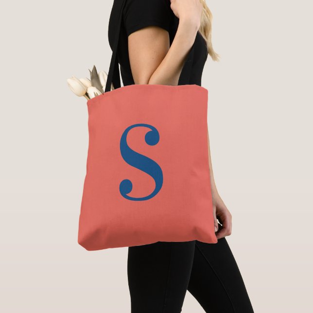 Minimal Orange with Large Navy Blue Monogram Tote Bag (Close Up)