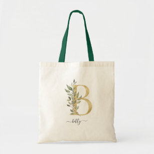 Minimal Organic Greenery Gold Monogram Letter "B" Tote Bag