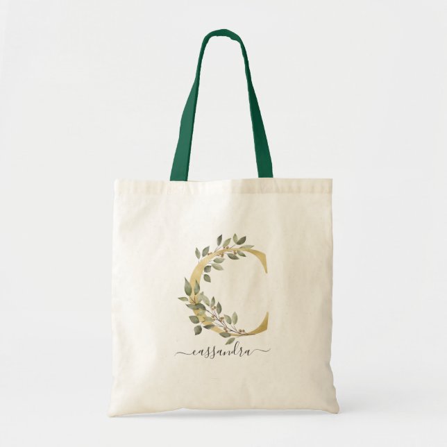 Minimal Organic Greenery Gold Monogram Letter "C" Tote Bag (Front)