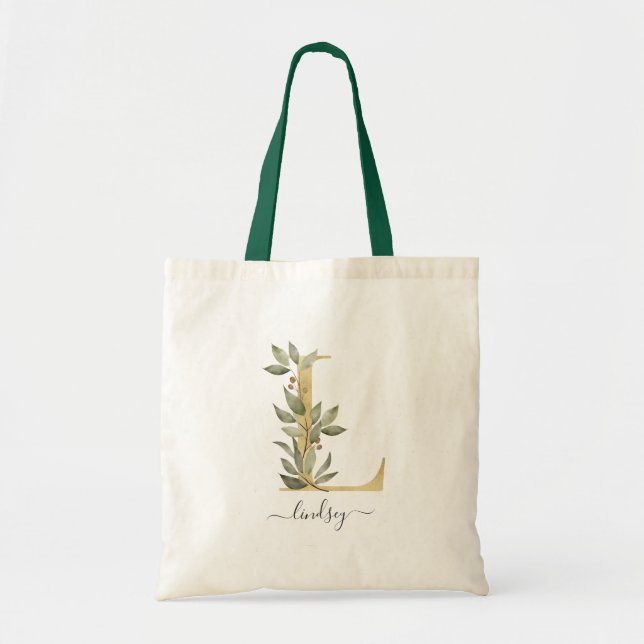 Minimal Organic Greenery Gold Monogram Letter "L" Tote Bag (Front)