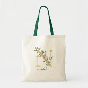 Minimal Organic Greenery Gold Monogram Letter "N" Tote Bag