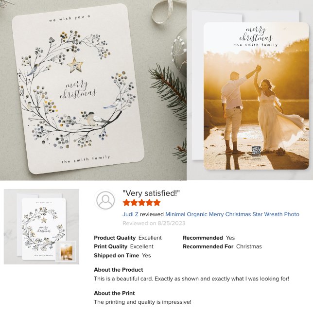 Minimal Organic Merry Christmas Star Wreath Photo Holiday Card (Creator Uploaded)