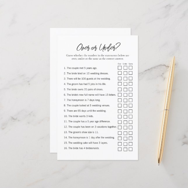 Minimal "Over and Under" Bridal Shower Game (Front/Back In Situ)