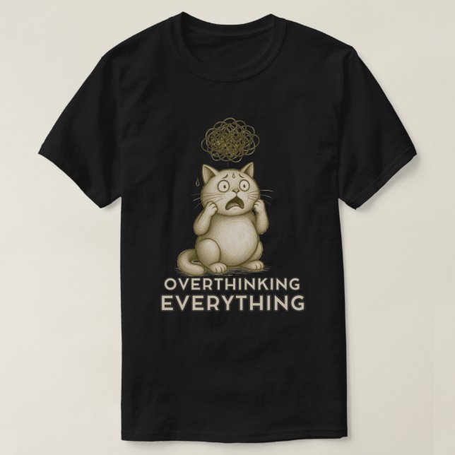 Minimal Overthinking Cat Thoughtful Illustration T-Shirt (Design Front)