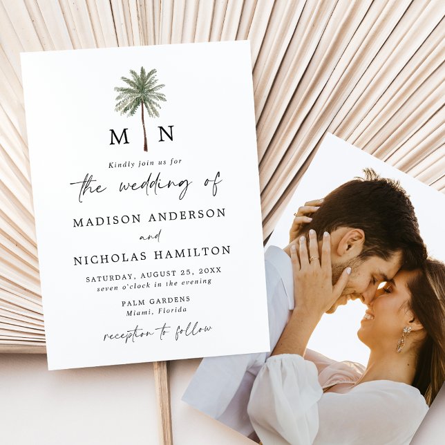 Minimal Palm Tree Monogram Photo Wedding Invitation (Creator Uploaded)