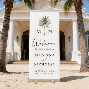 Minimal Palm Tree Monogram Wedding Welcome Retractable Banner