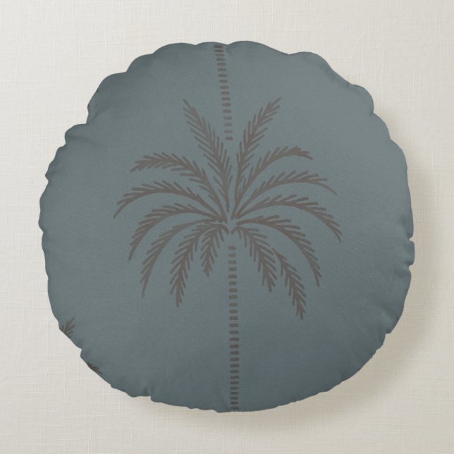 Minimal Palm Tree Pattern Blue Grey Tropical  Round Cushion (Front)