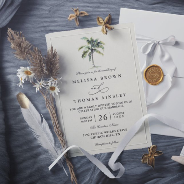 Minimal Palm Tree Tropical Beach Elegant Wedding Invitation (Creator Uploaded)
