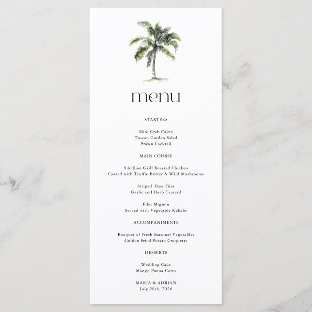 Minimal Palm Tree Tropical Beach Wedding Menu (Front)