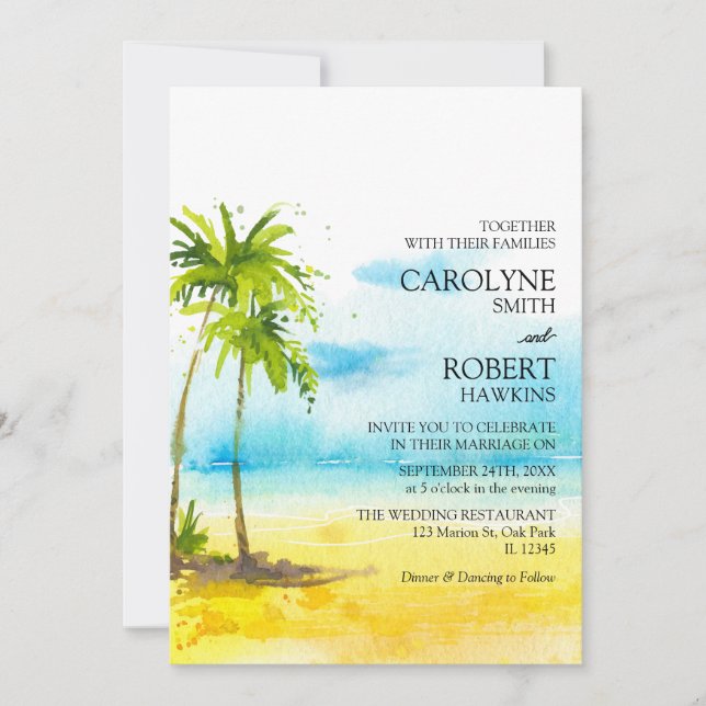 Minimal Palm Tree Tropical Island Beach Wedding Invitation (Front)