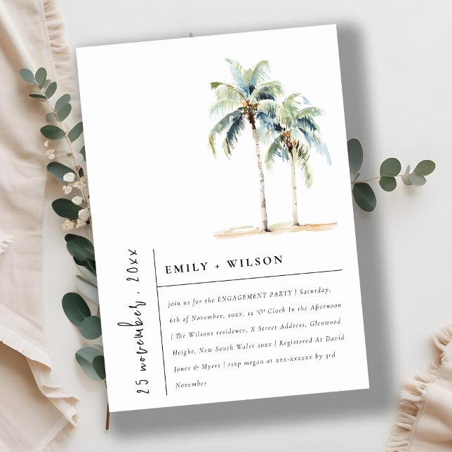 Minimal Palm Trees Tropical Watercolor Engagement Invitation (Creator Uploaded)
