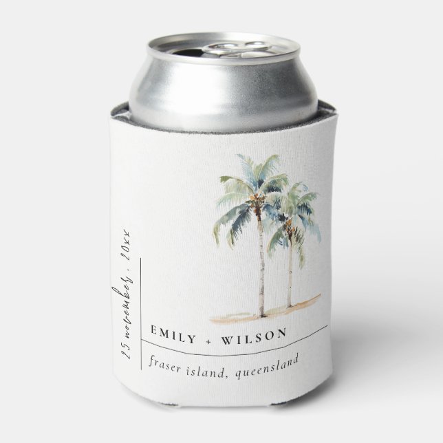 Minimal Palm Trees Watercolor Tropical Wedding Can Cooler (Can Front)