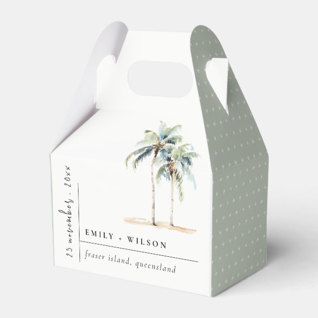 Minimal Palm Trees Watercolor Tropical Wedding Favour Box (Front Side)