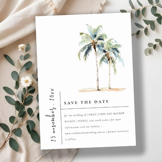 Minimal Palm Trees Watercolor Tropical Wedding Save The Date (Creator Uploaded)