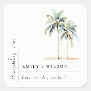 Minimal Palm Trees Watercolor Tropical Wedding Square Sticker