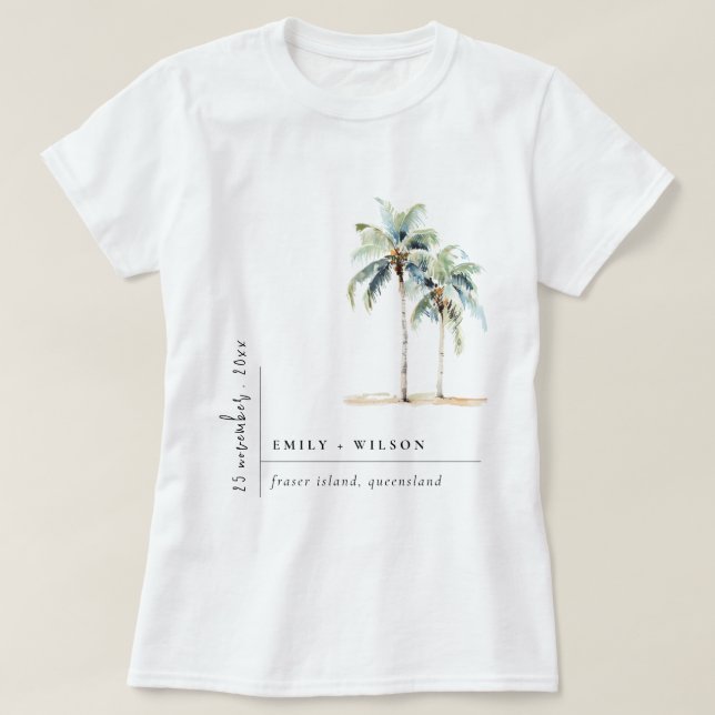 Minimal Palm Trees Watercolor Tropical Wedding T-Shirt (Design Front)