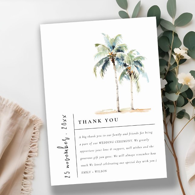 Minimal Palm Trees Watercolor Tropical Wedding Thank You Card (Creator Uploaded)