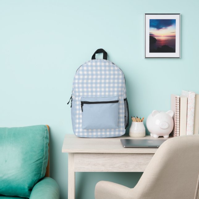 Minimal Pastel Blue Plaid Pattern Printed Backpack (Insitu)